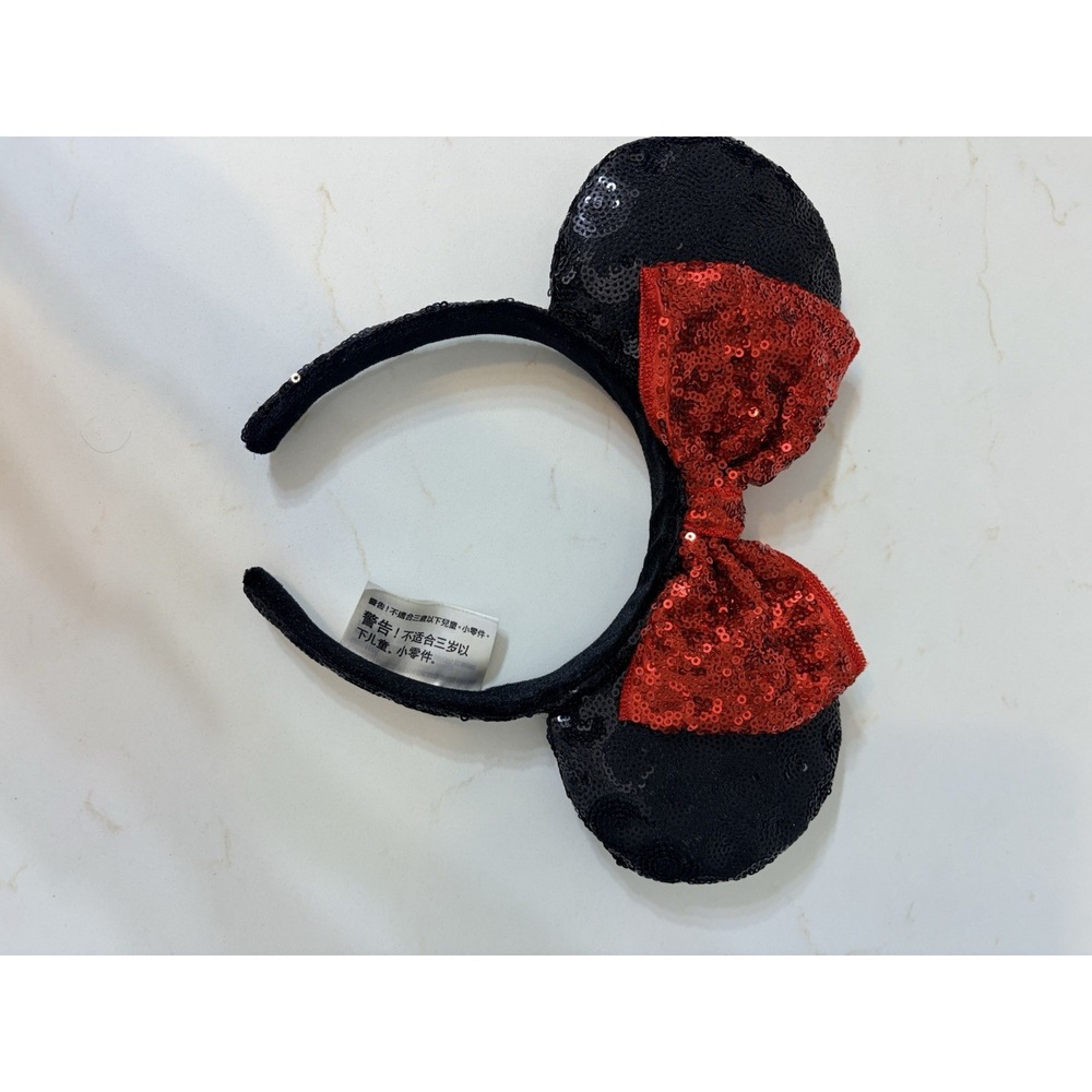 Disney Parks Minnie Mouse Ears Headband - Sequin Black Ears Red Bow